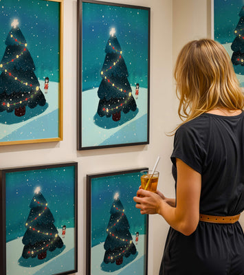 Winter scene with decorated Christmas tree and snowfall