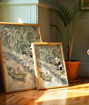 Escena caprichosa con un panda y un conejo junto al río