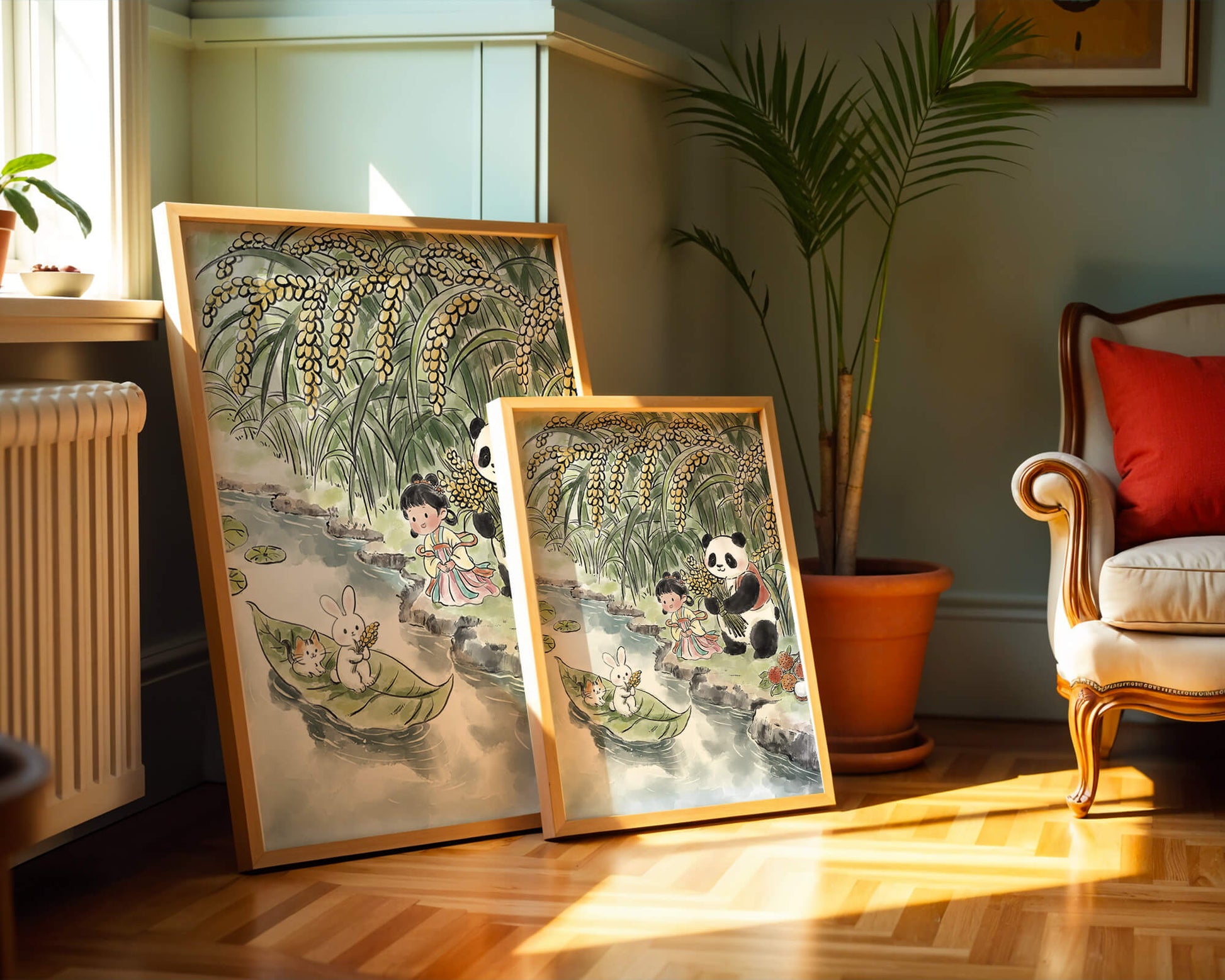 Escena caprichosa con un panda y un conejo junto al río