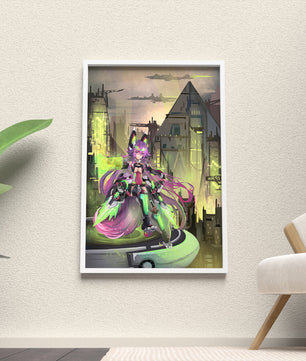 Cyberpunk-Anime-Figur im futuristischen Stadtbild 