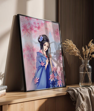 Ilustración elegante de una geisha con kimono azul y hojas rosadas