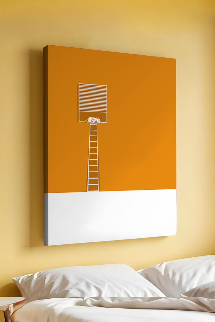 Cat Sleeping on Elevated Platform Against Orange Background
