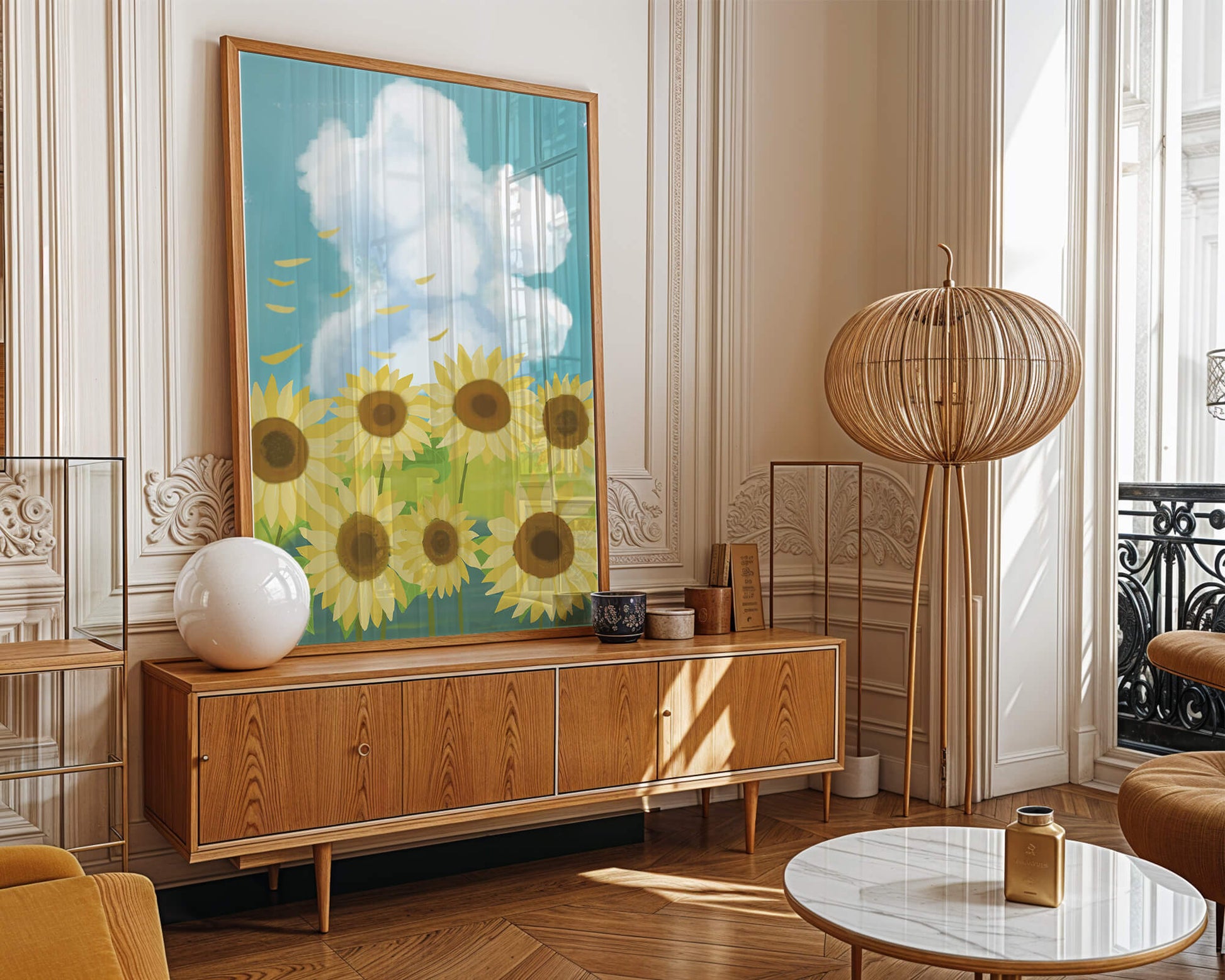 Girasoles en un prado brillante con cielo azul y nubes