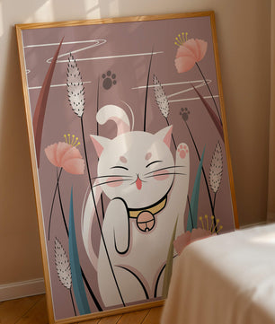 Ilustración de un gato maneki-neko en un entorno de jardín floral