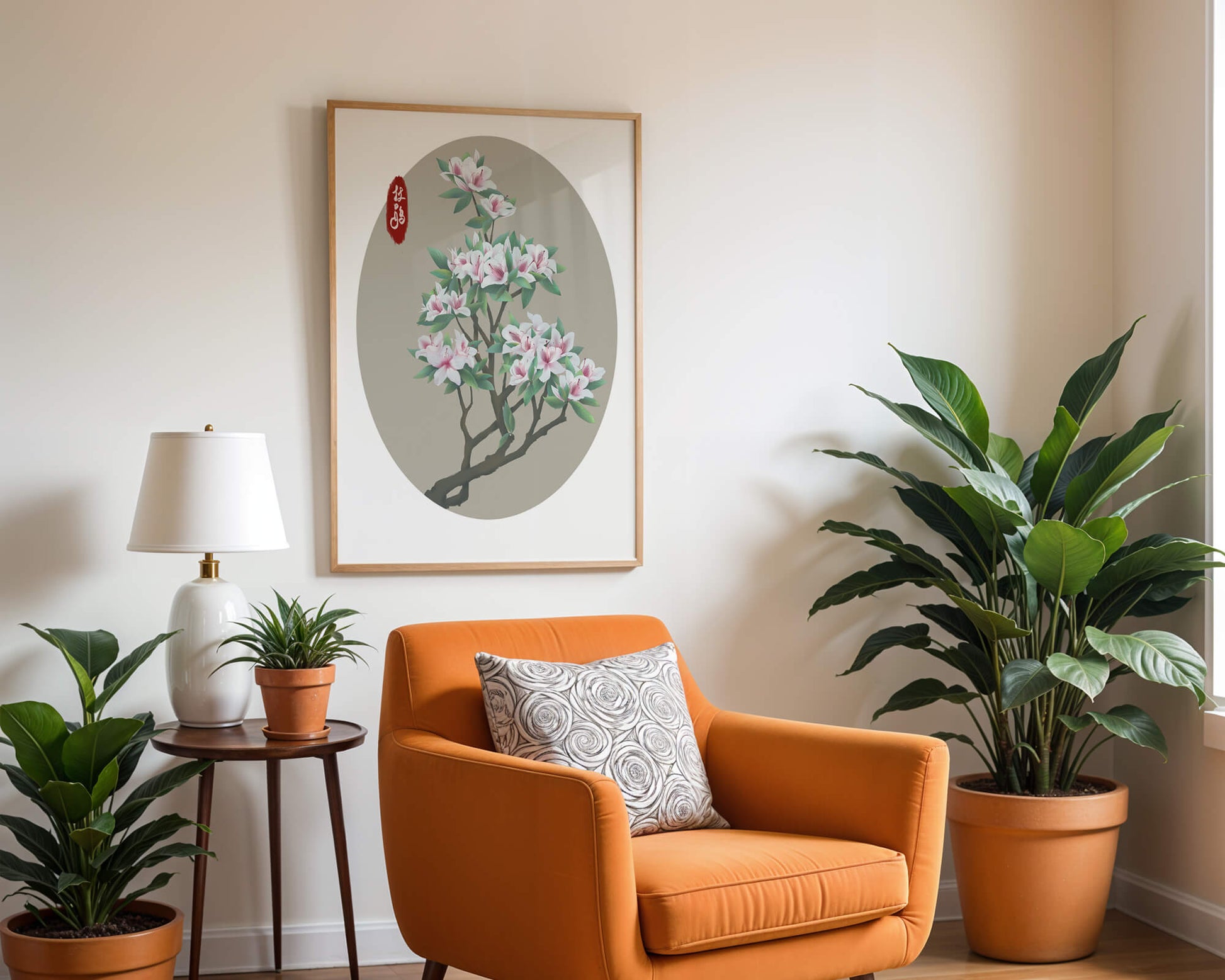 Obra floral delicada con magnolias en flor en estilo oriental
