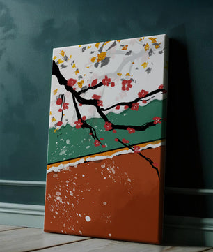 Artistic depiction of blossom branches with gold elements and abstract background