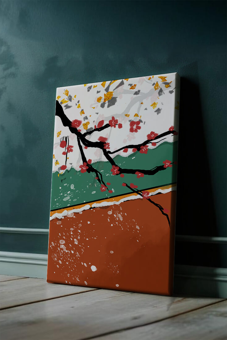 Artistic depiction of blossom branches with gold elements and abstract background