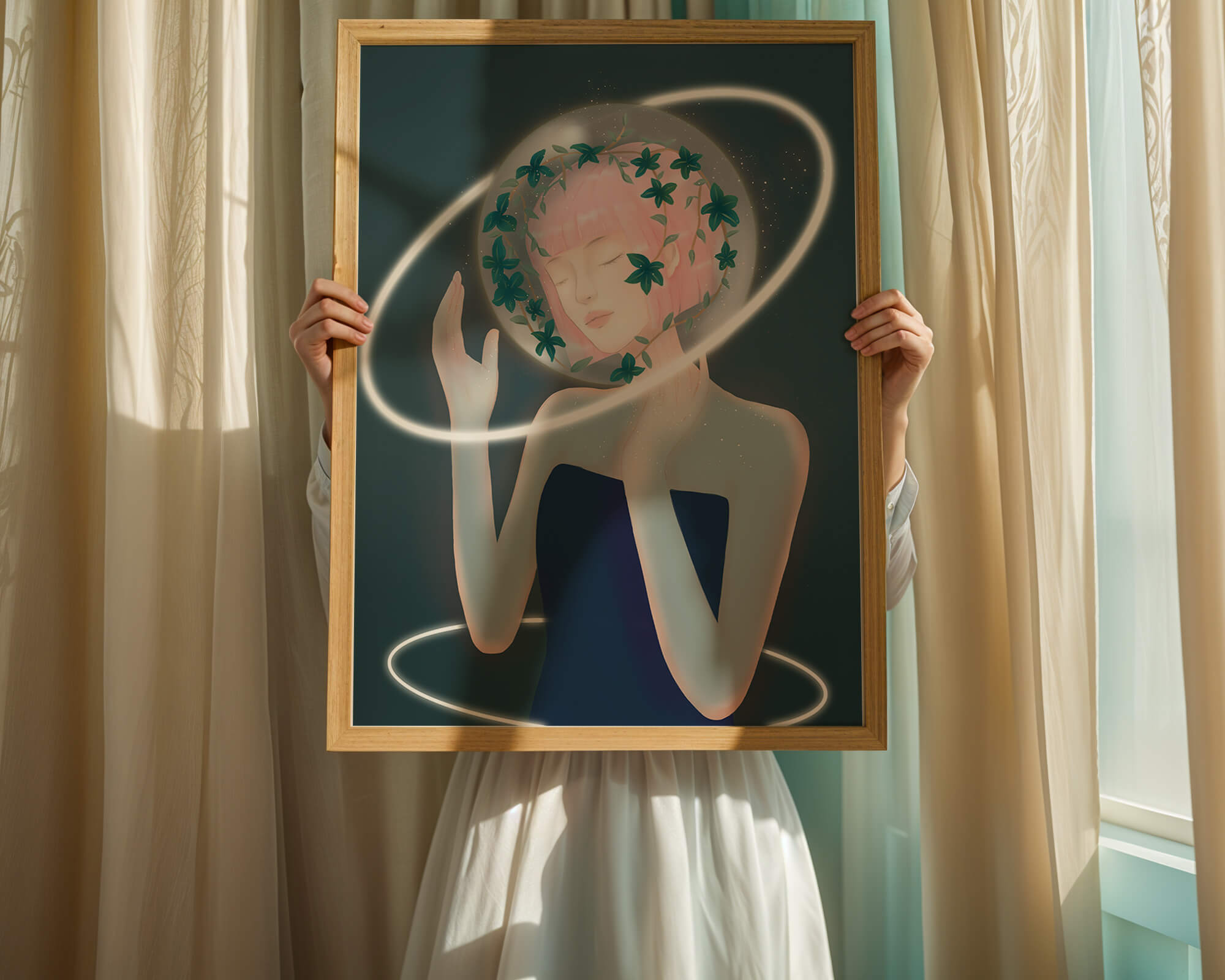 Dreamlike fantasy portrait with ethereal pink-haired figure