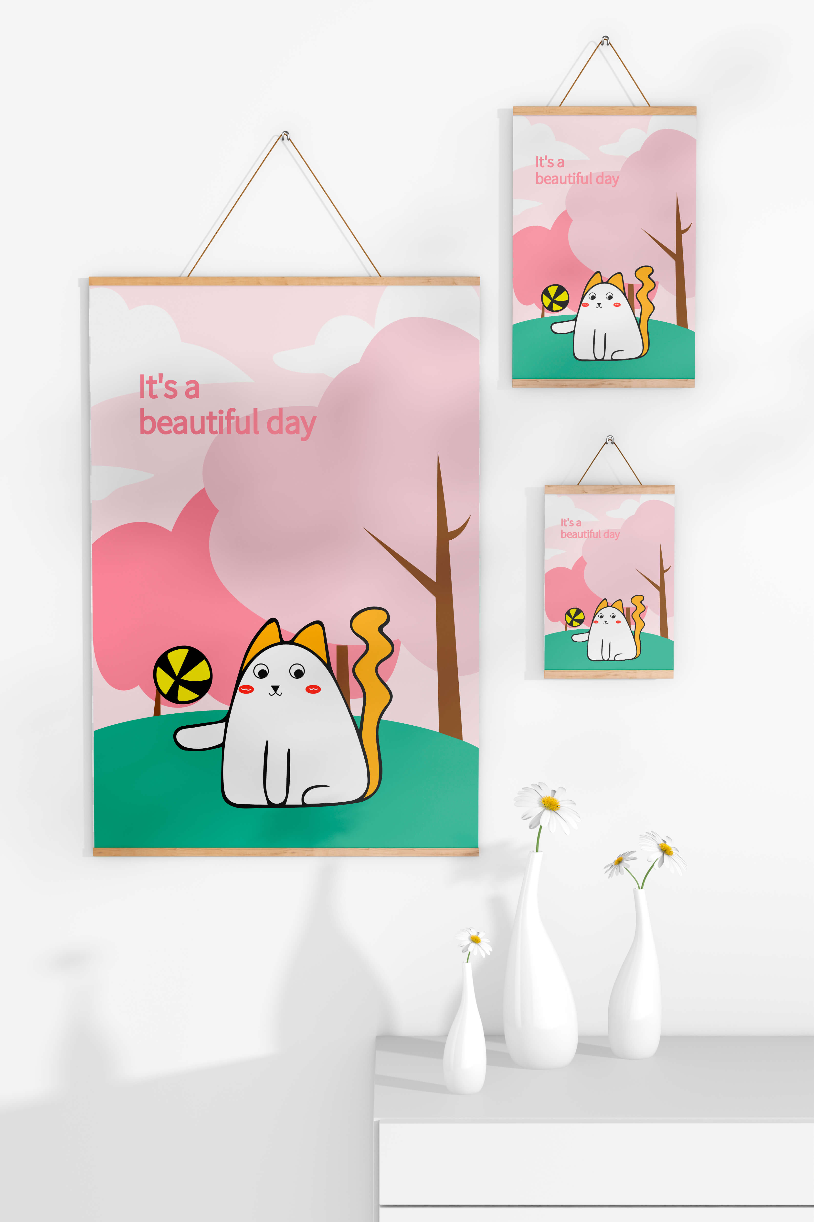 Charming cat illustration in a playful park scene with trees and clouds