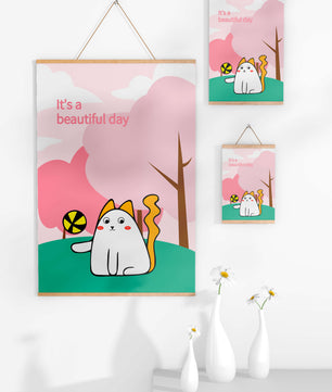 Illustration charmante de chat dans une scène de parc ludique avec des arbres et des nuages.
