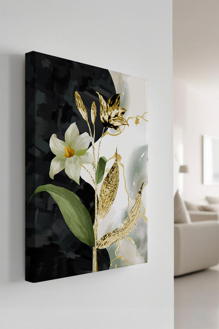 Diseño floral abstracto con detalles dorados y oscuros
