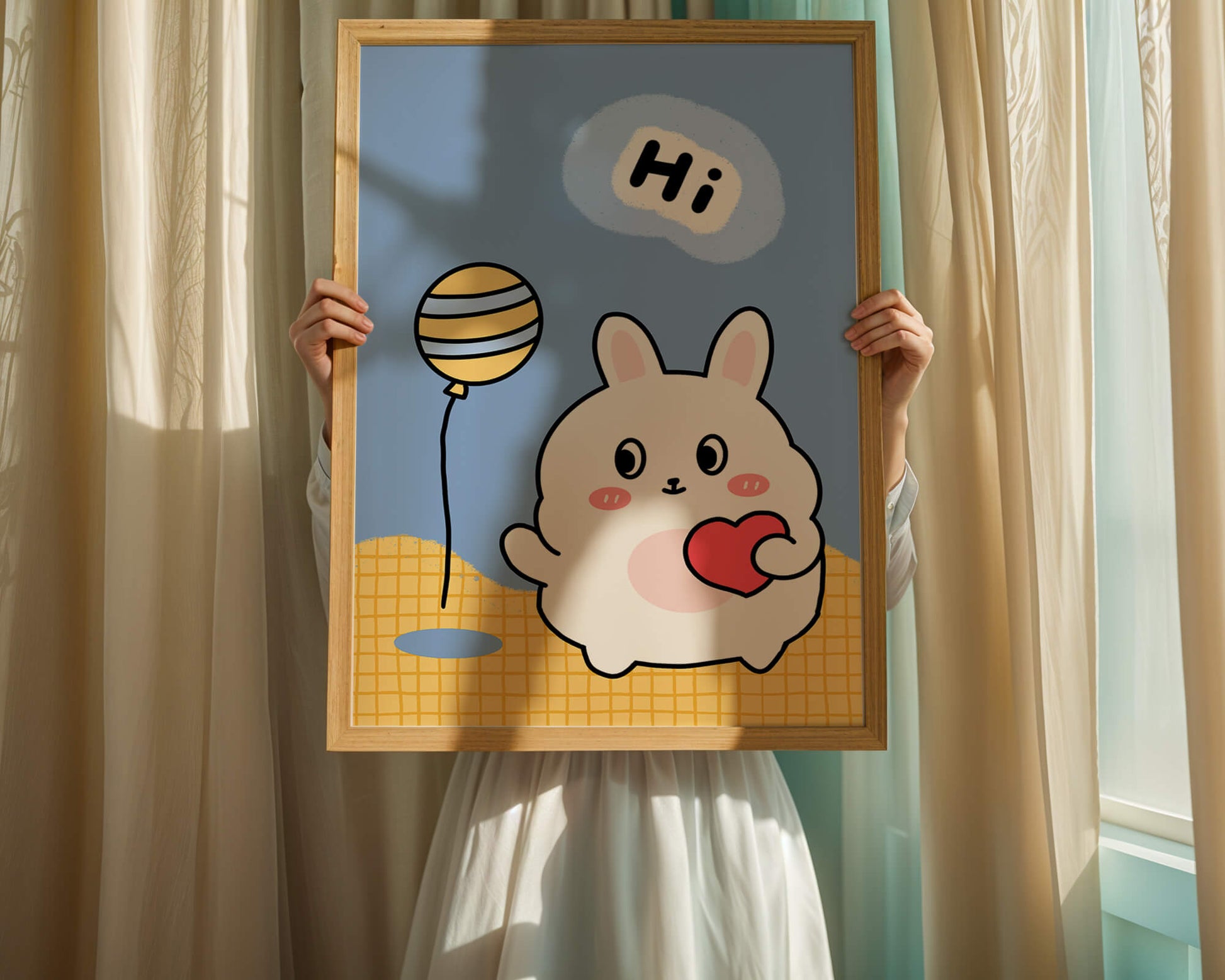 Adorable cartoon bunny with balloon and heart illustration