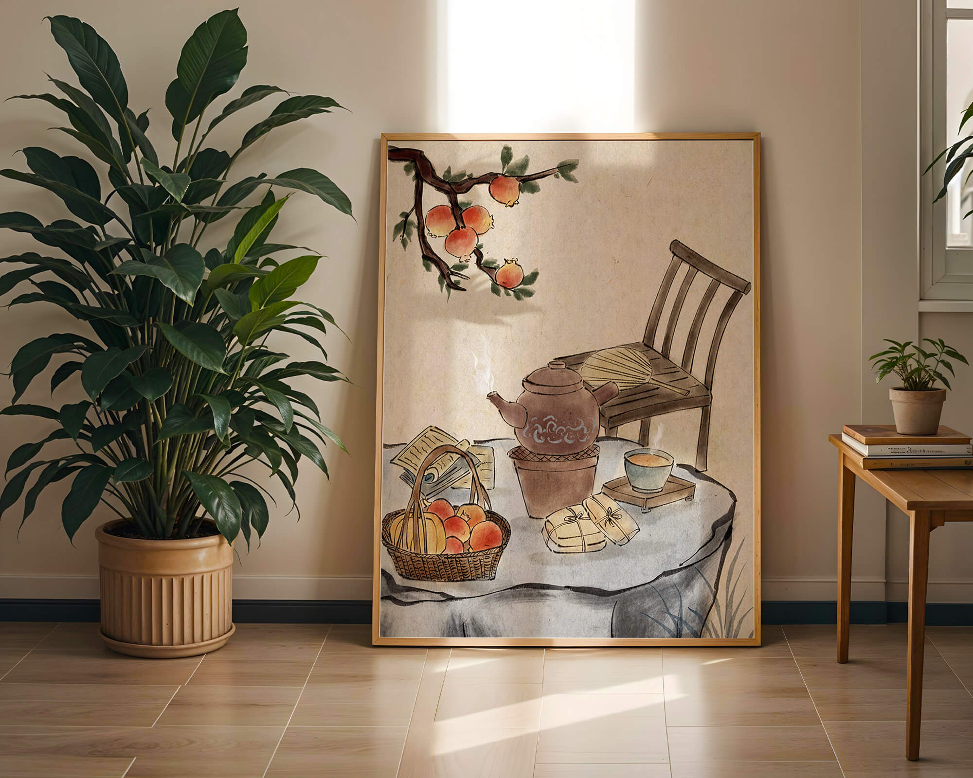 Watercolor painting of tea time setting with fruits and wooden chair