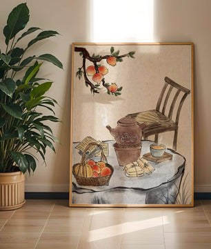 Peinture à l’aquarelle d’un moment de dégustation de thé avec des fruits et une chaise en bois