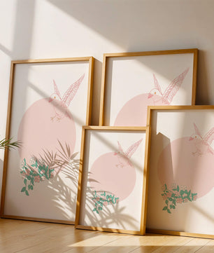 Pájaro pastel con elementos florales en estilo minimalista