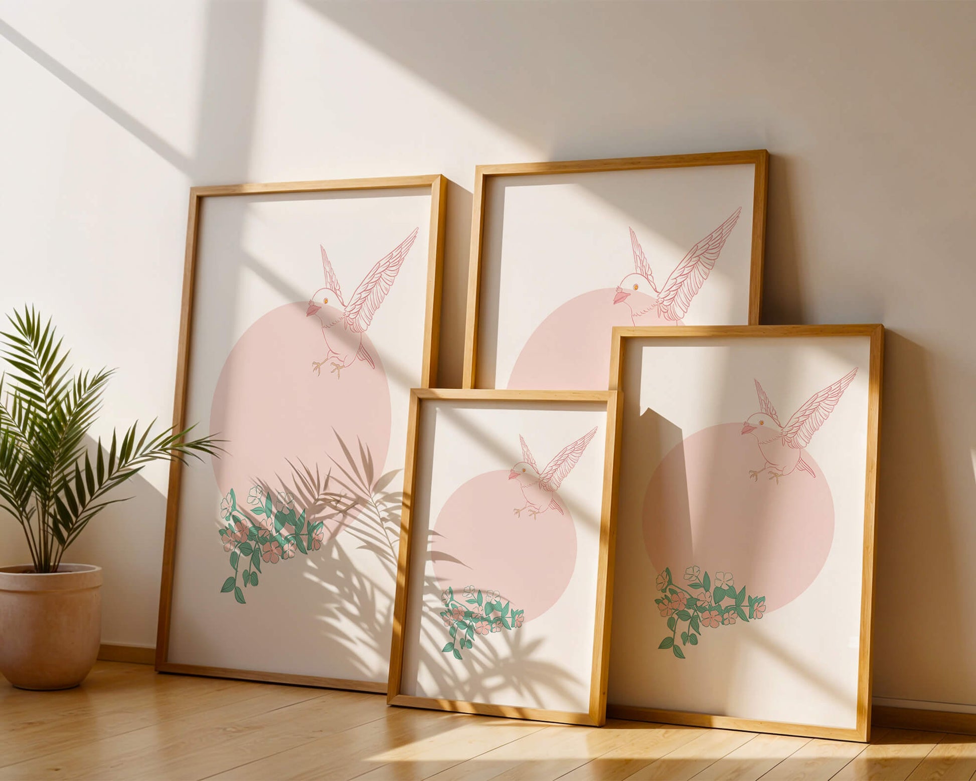 Pájaro pastel con elementos florales en estilo minimalista