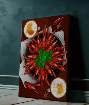 Gourmet-Meeresfrüchteplatte mit Flusskrebsen und Kaffeetassen