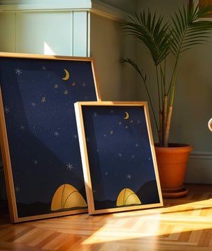 Camping Under Night Sky with Stars and Crescent Moon
