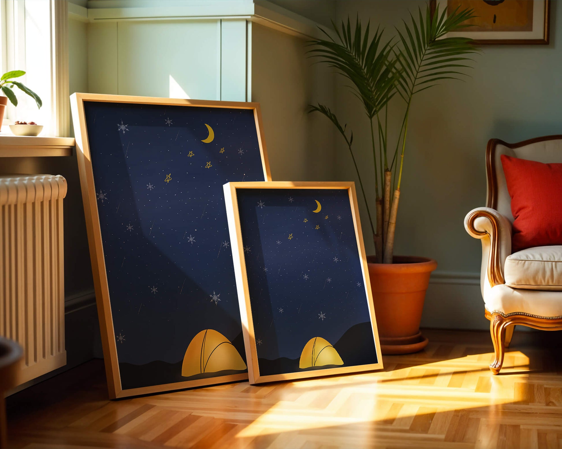 Camping Under Night Sky with Stars and Crescent Moon