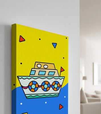 Colorful boat illustration with cartoon elements