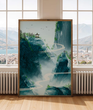 Paisaje montañoso sereno con pagoda y río serpenteante