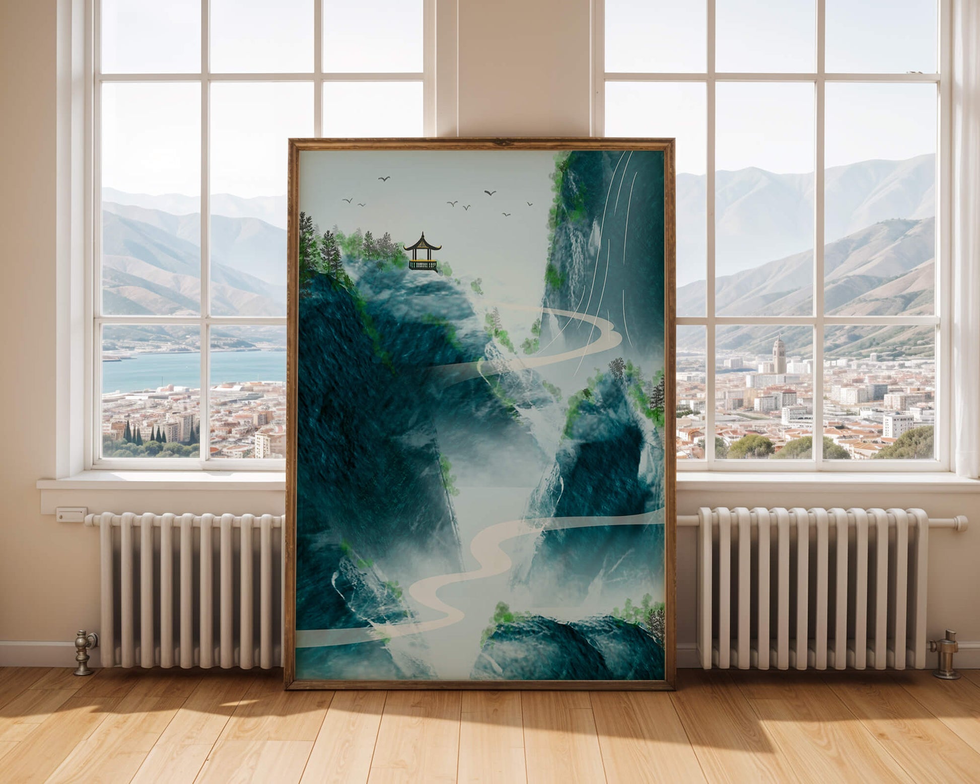 Paisaje montañoso sereno con pagoda y río serpenteante