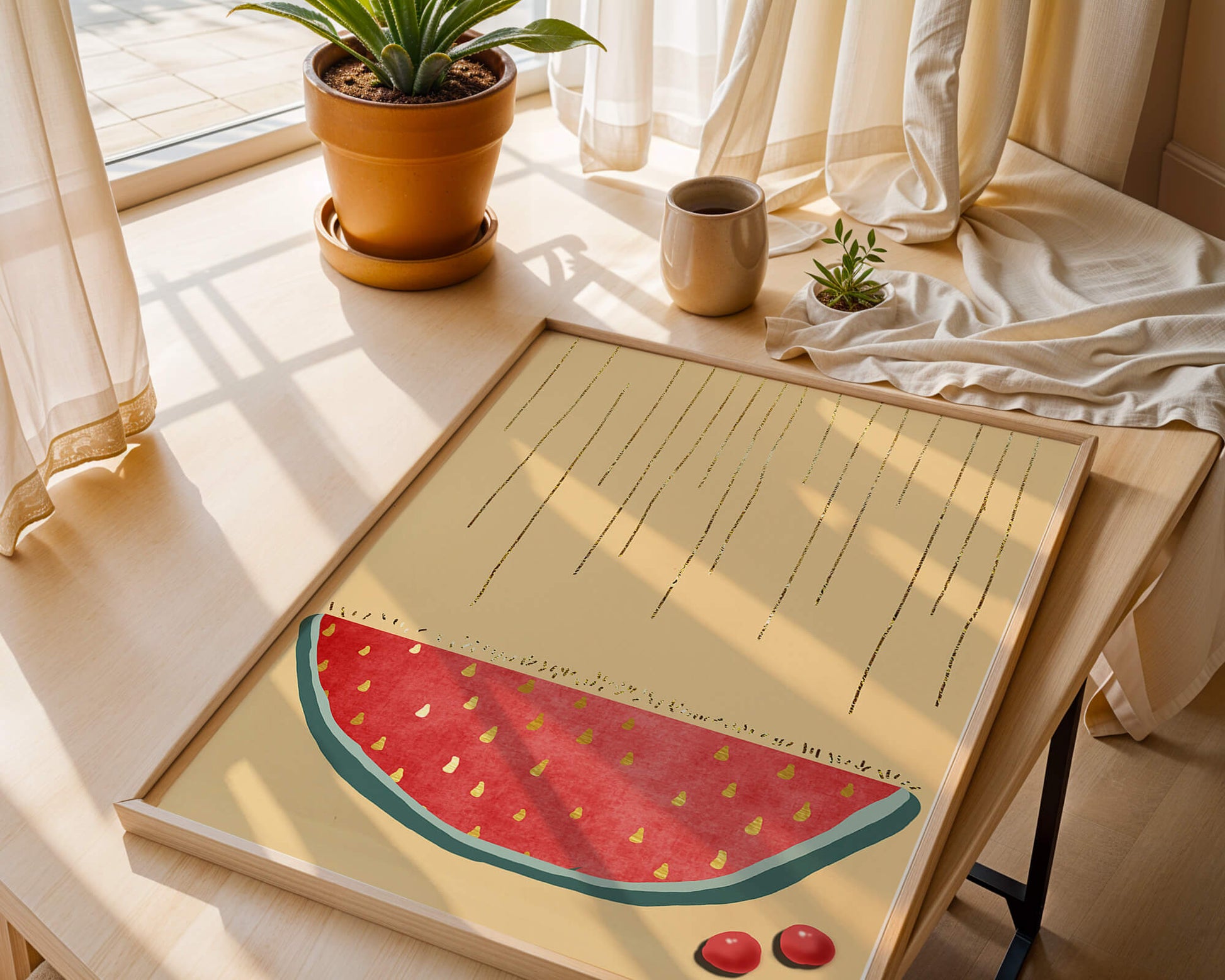 Abstract Watermelon Slice with Gold Accents on Minimalist Background