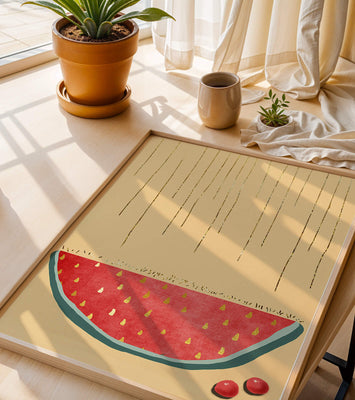 Abstract Watermelon Slice with Gold Accents on Minimalist Background