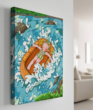 Adventurous raft ride down a vibrant cartoon river with character