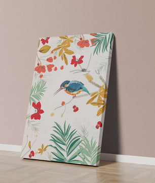 Oiseaux et feuillages colorés dans un décor botanique tropical