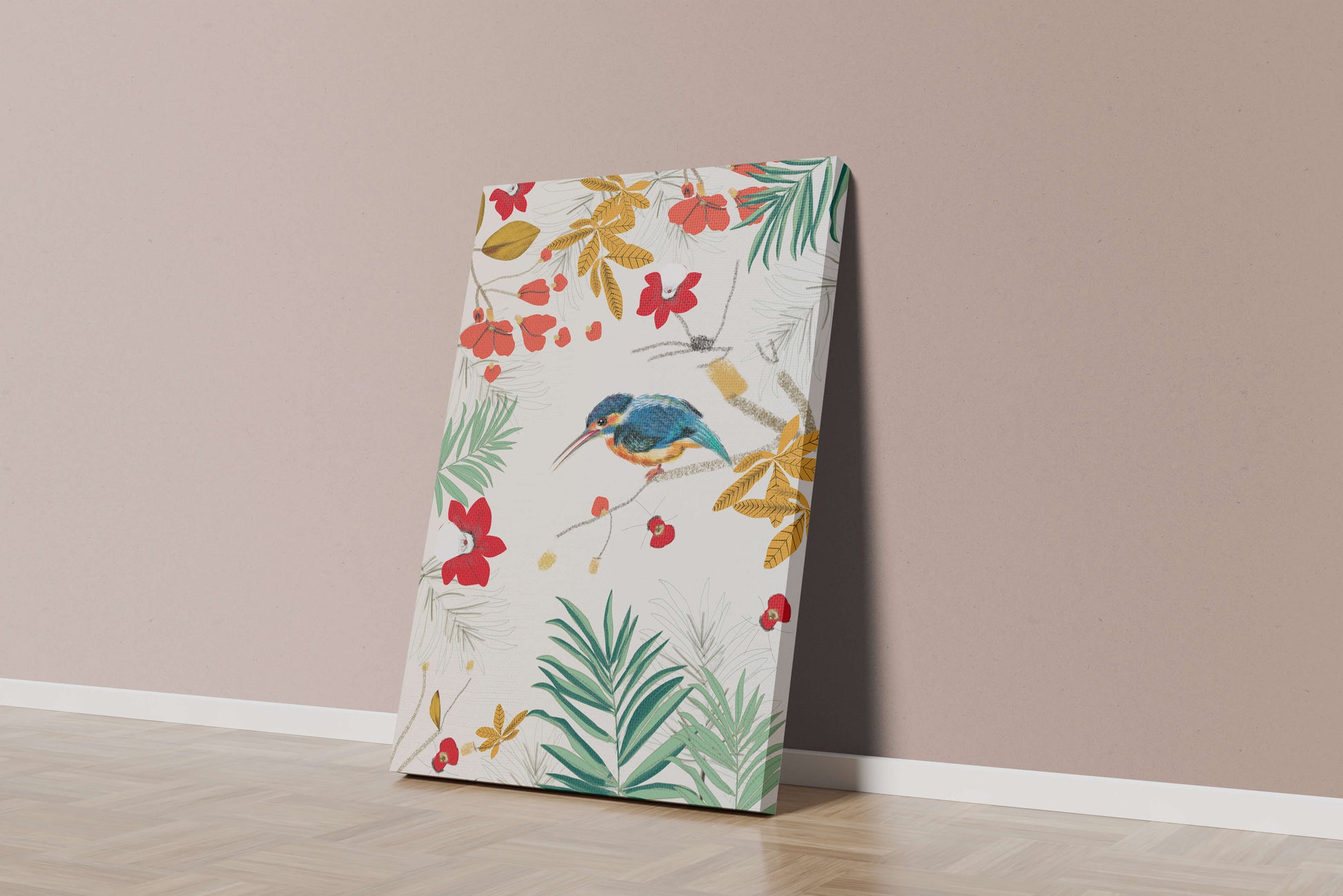 Oiseaux et feuillages colorés dans un décor botanique tropical
