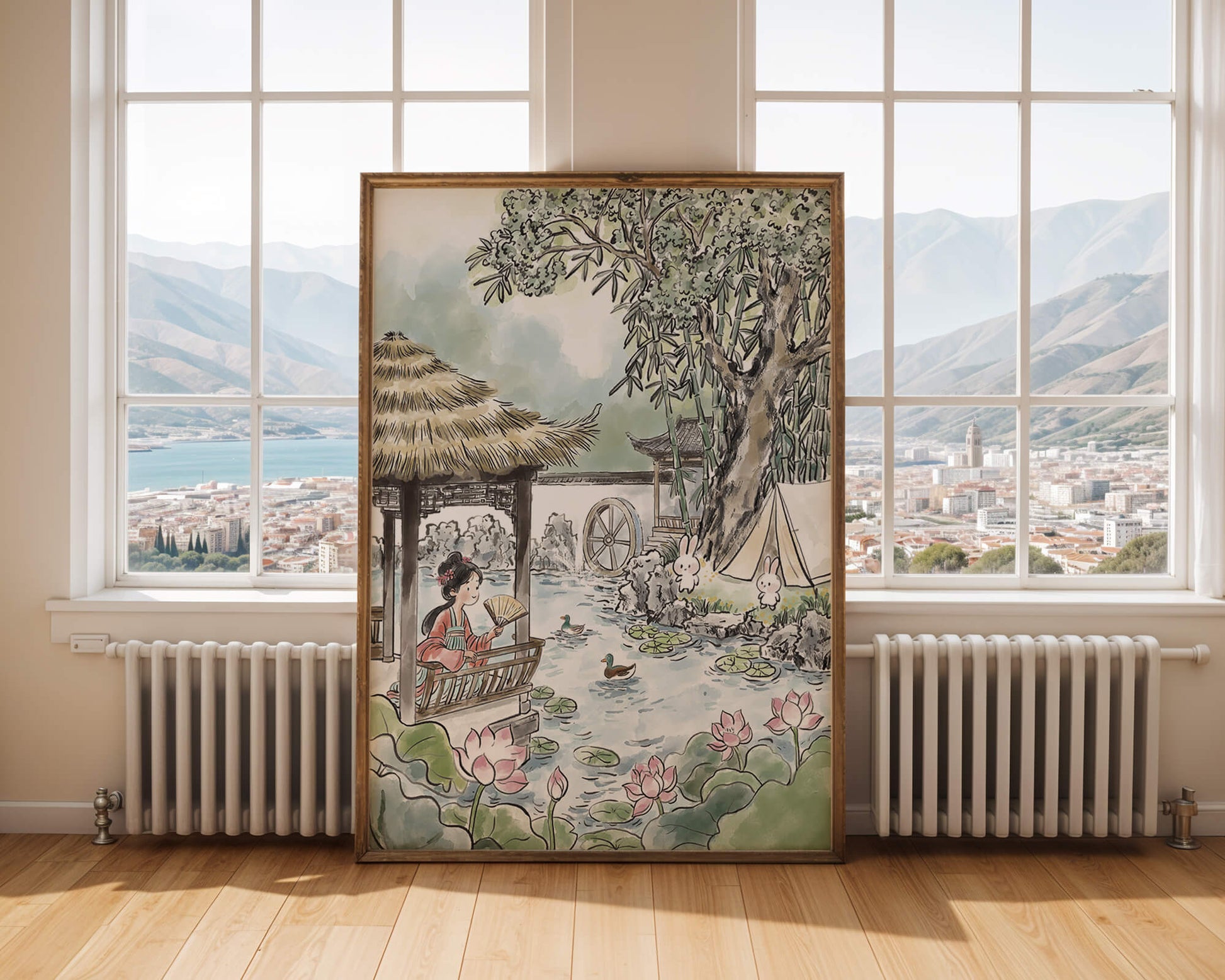 Escena tranquila de jardín con mujer, patos y conejos en un entorno tradicional