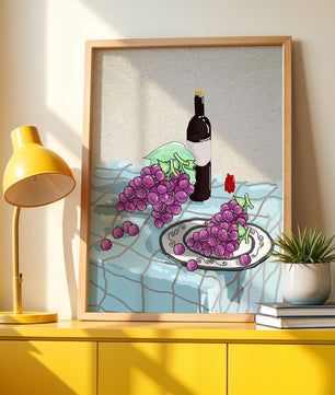 Still Life with Grapes and Wine Bottle on a Checkered Tablecloth - Mi tienda