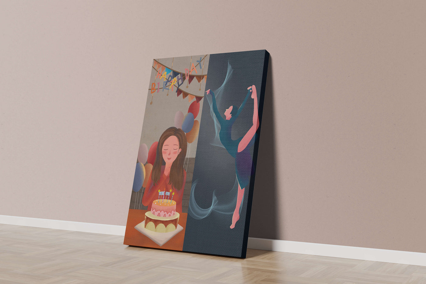 Birthday celebration illustration with cake and dancing figure