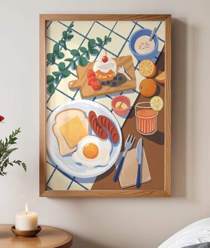 Escena de desayuno colorida con comida y bebida