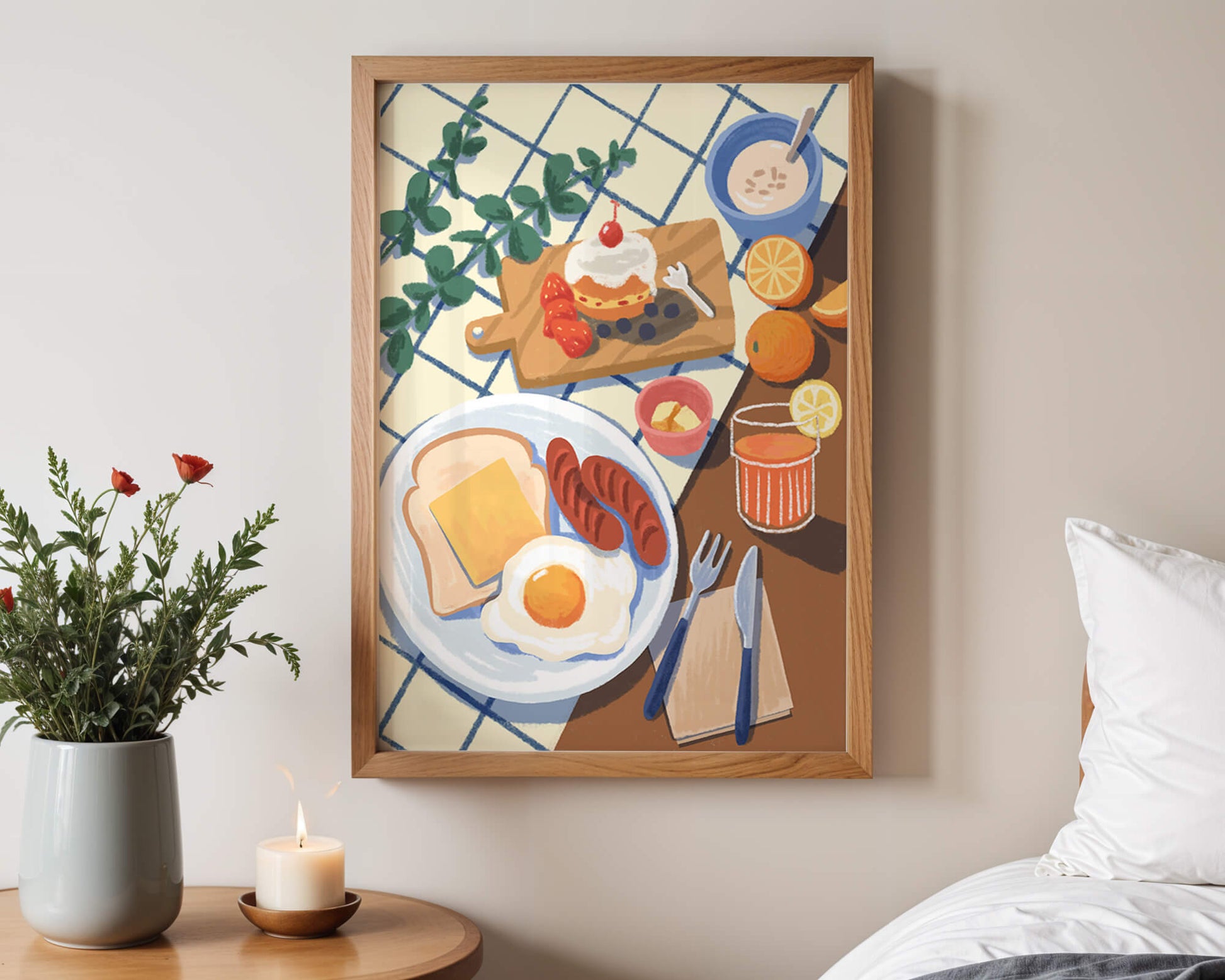 Escena de desayuno colorida con comida y bebida