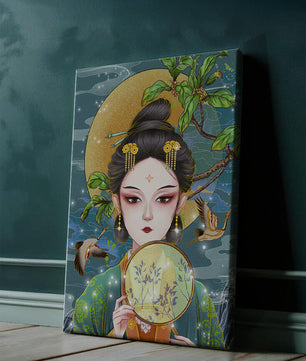 Elegante representación de una mujer con atuendo tradicional sosteniendo un abanico decorativo