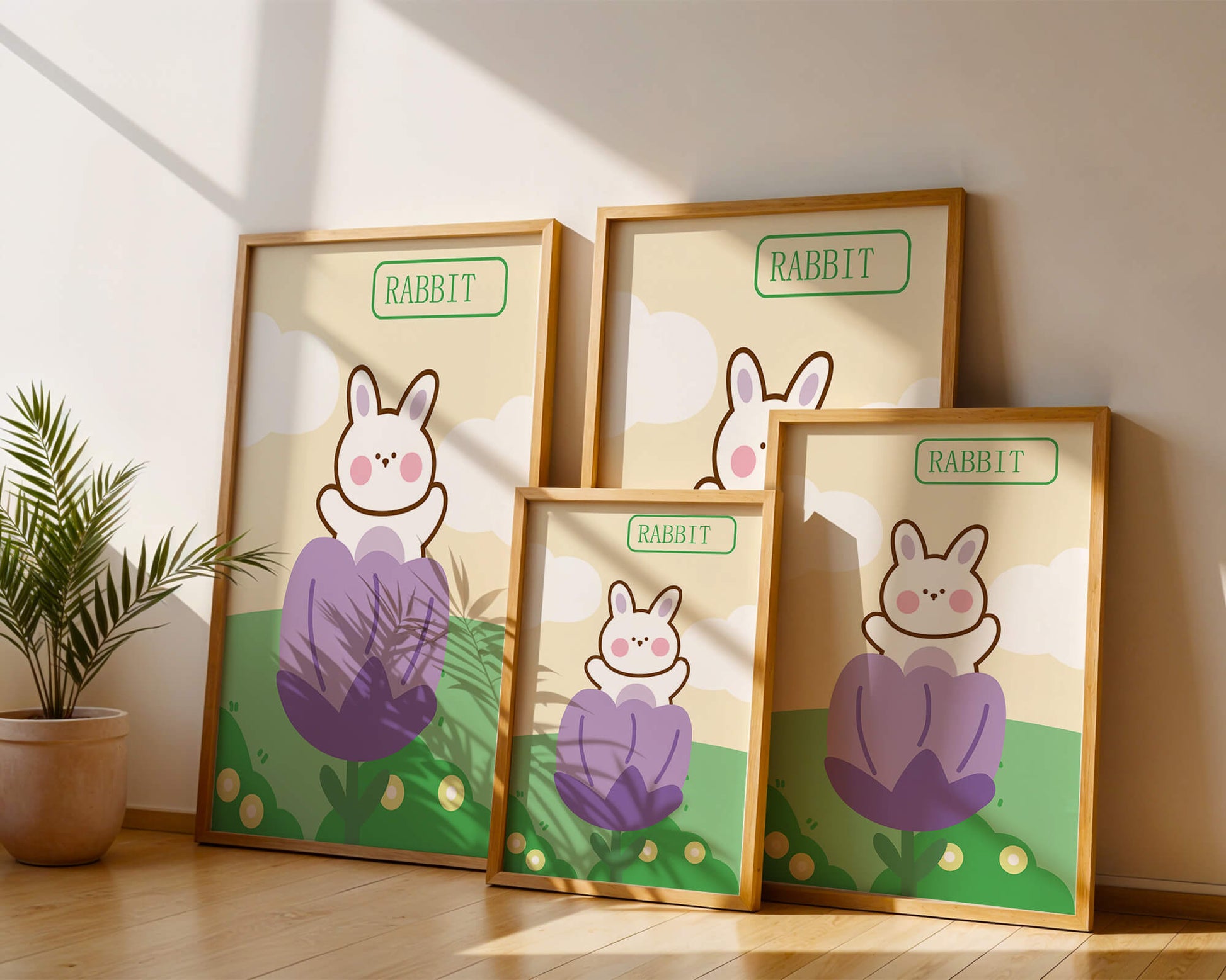 Ilustración caprichosa de un conejo adorable en una flor con colores pastel