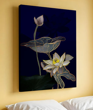 Elegant Lotus Flower with Gold Accents on Deep Blue Background