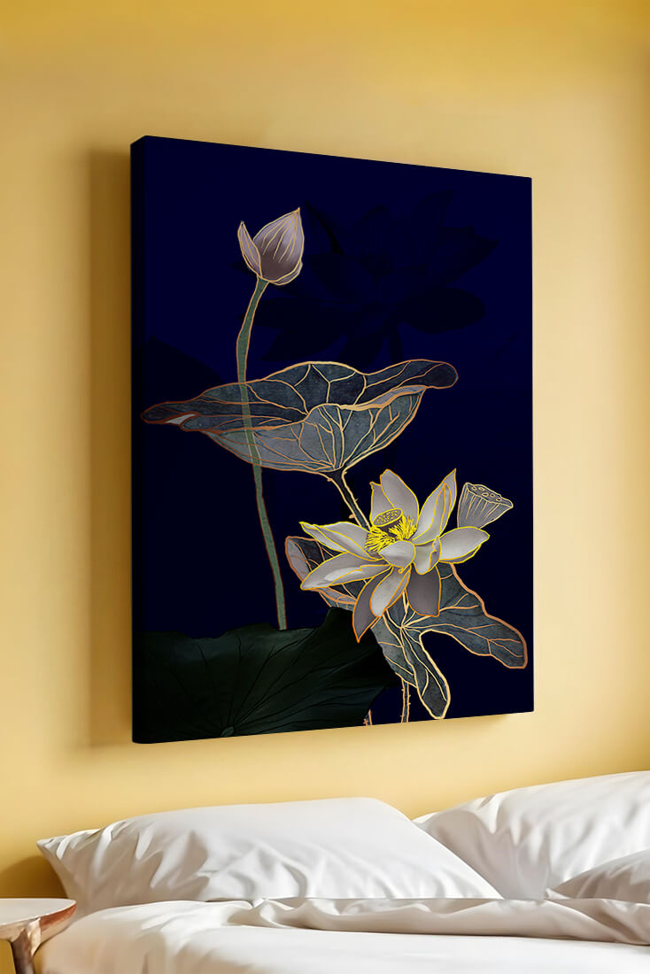 Elegant Lotus Flower with Gold Accents on Deep Blue Background