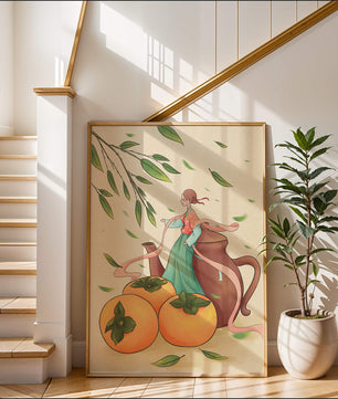 Whimsical scene with a woman in traditional attire among persimmons and leaves