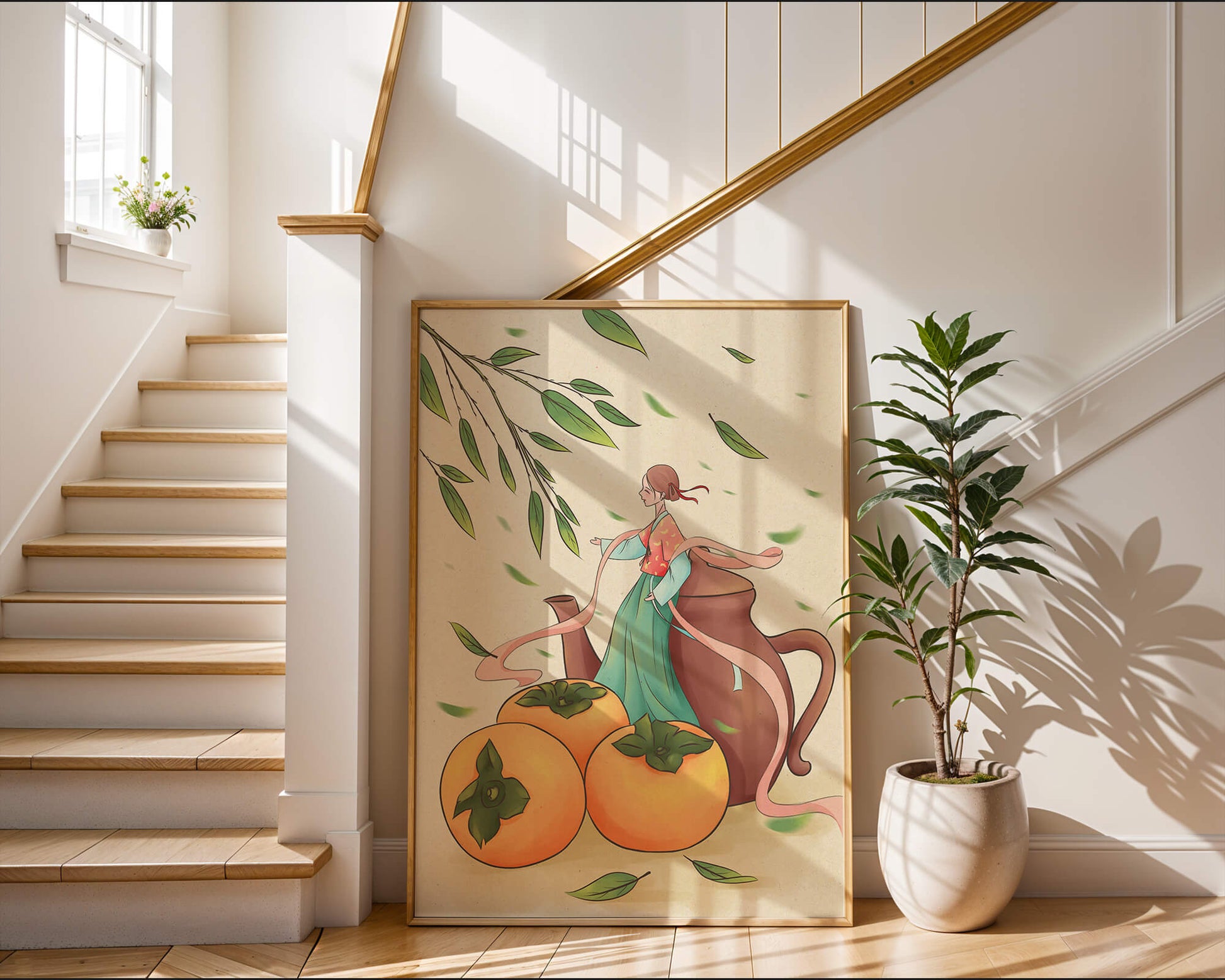 Whimsical scene with a woman in traditional attire among persimmons and leaves
