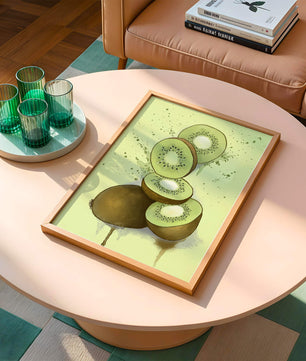 Watercolor illustration of sliced kiwi fruit with splashes