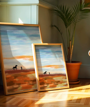 Serene landscape with cowboy and horse under vast sky