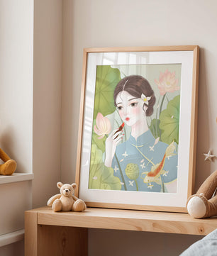 Elegant Woman in Traditional Dress with Lotus and Koi Fish - Mi tienda