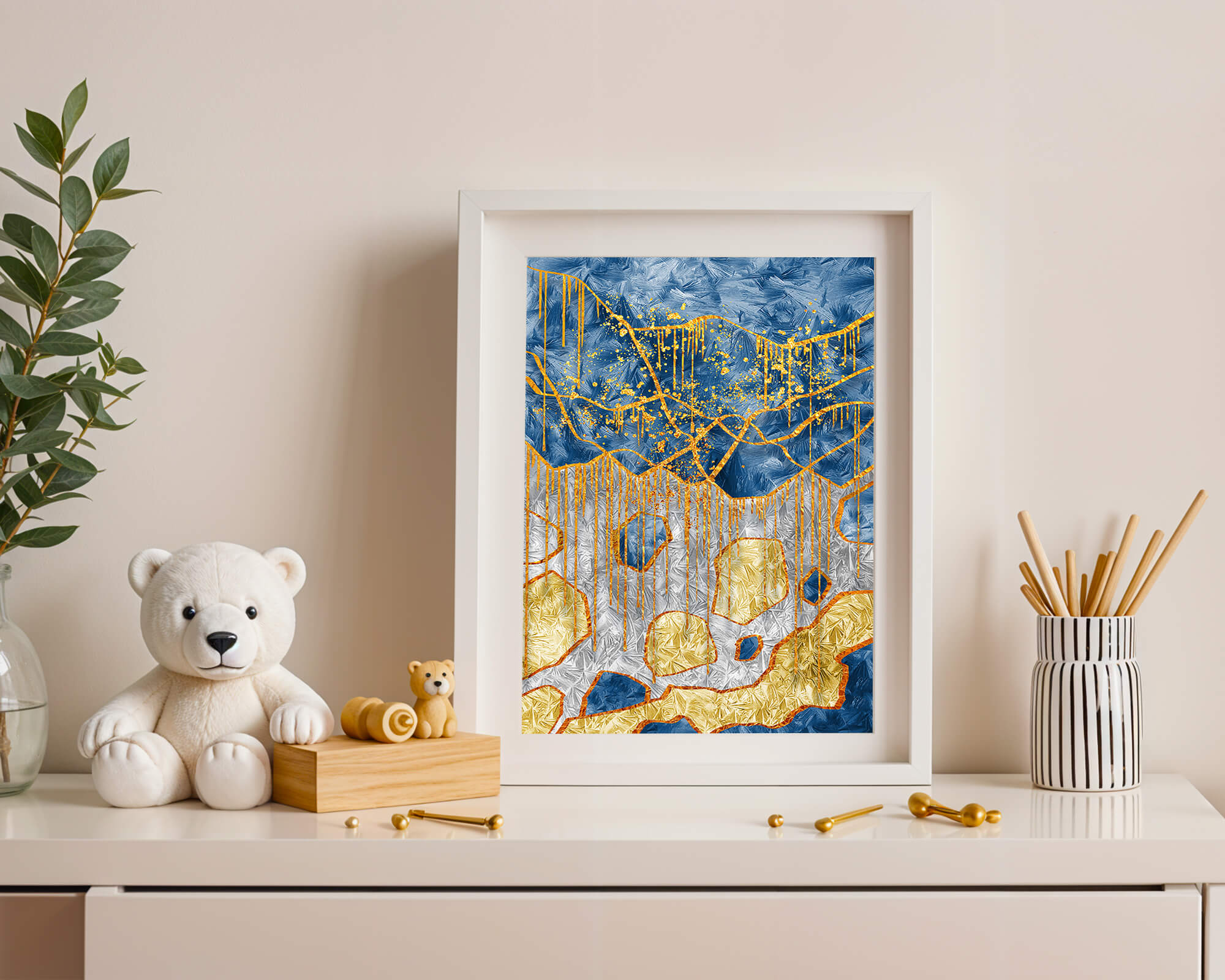 Abstract gold and blue textured art with dynamic splashes of color