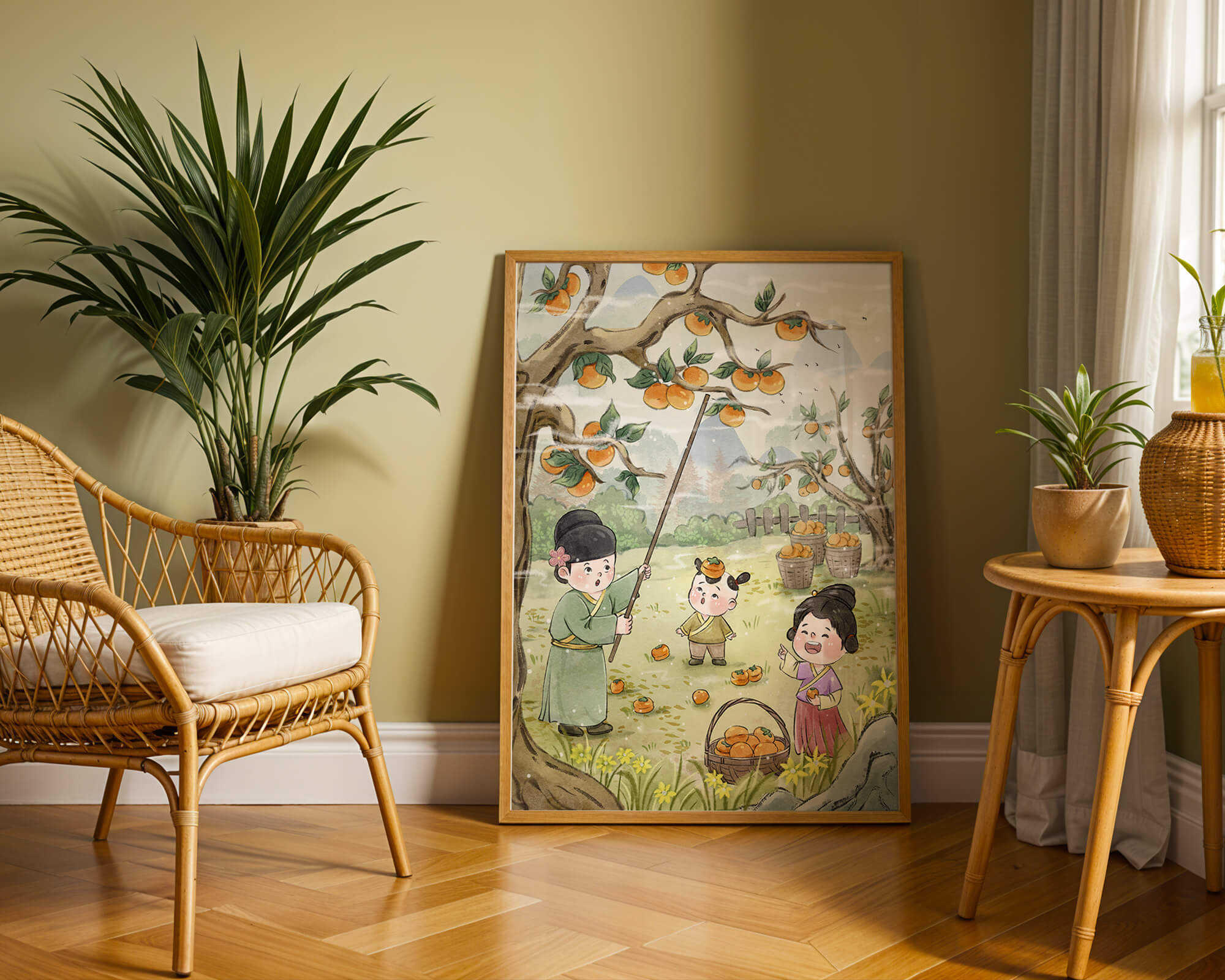 Illustration of children harvesting persimmons in a traditional setting