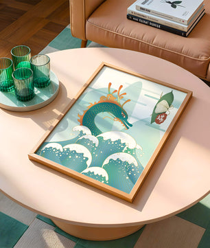 Illustration d’un dragon avec des vagues et des éléments traditionnels chinois