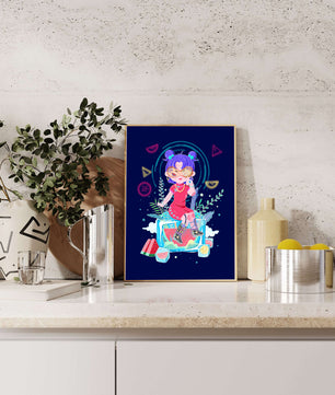 Personnage de dessin animé coloré avec des éléments futuristes