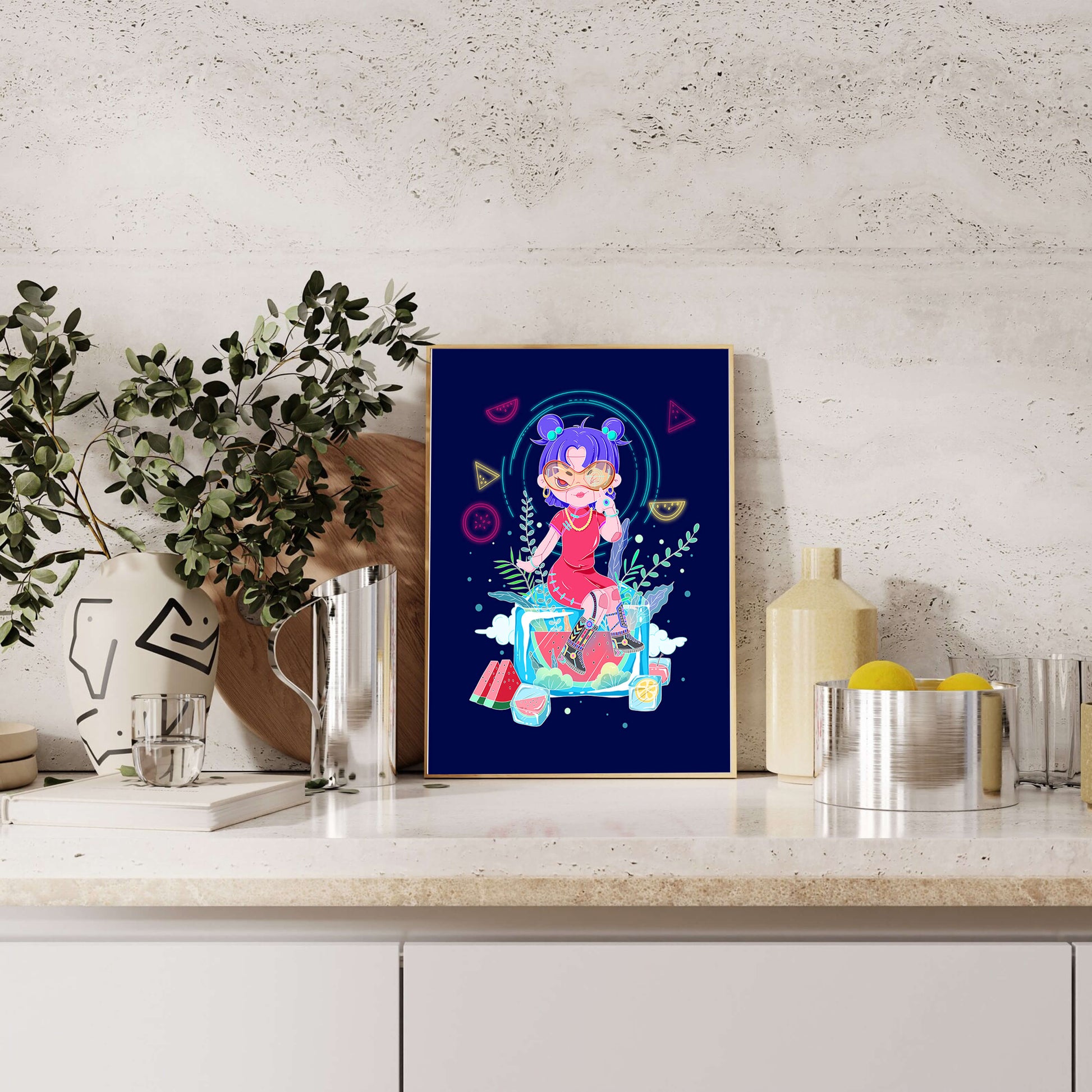 Personnage de dessin animé coloré avec des éléments futuristes